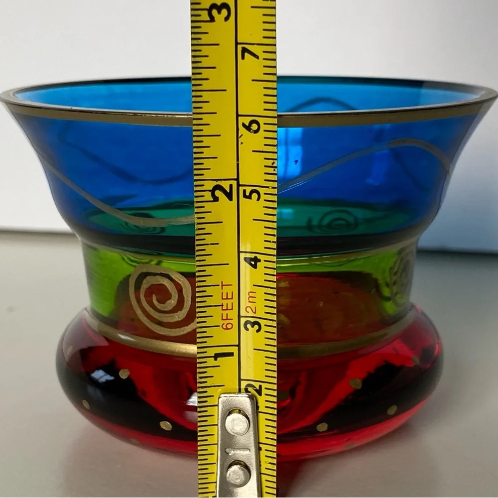 PIER 1 Candle Votive Holder Glass Vintage Red Blue Green Gold Trim Cup Vase Boho